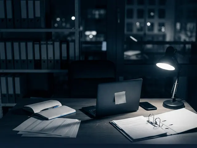 Biurko w ciemnym biurze nocą, laptop i otwarty segregator w świetle lampki